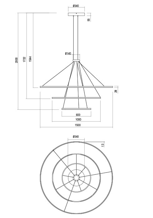 Redo Orbit direct, závěsné kruhové svítidlo, 186W LED 4000K stmívatelné TRIAC , bronz, prům. 60+100+150cm_rozmery
