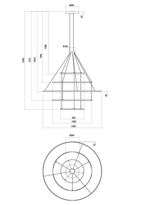 Redo Orbit direct, závěsné kruhové svítidlo, 286W LED 4000K stmívatelné DALI , bílá, prům. 150+100+100+60+60cm_rozmery