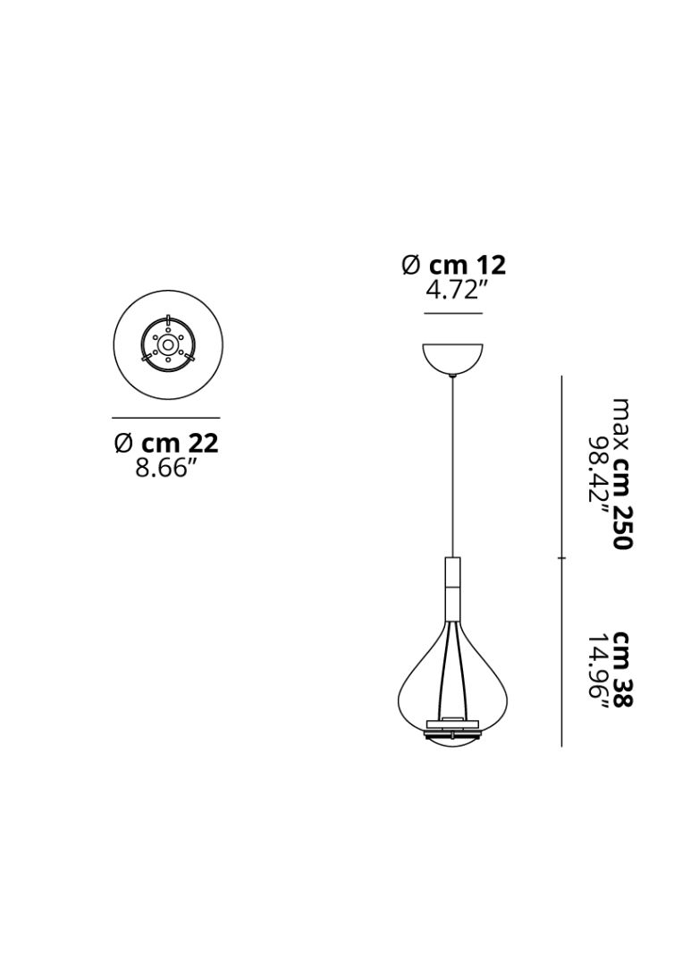 Lodes Sky-Fall Medium, závěsné svítidlo z kouřového skla, 2x10W LED 3000K dim, výška 38cm_rozmery