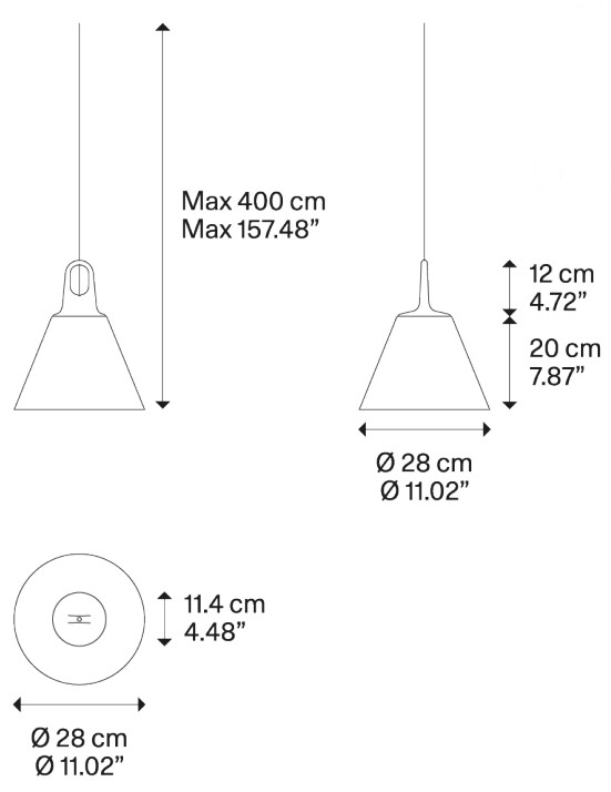 Lodes Jim Cone cluster, champagne s šedým hákem, 1x25W LED E27, prům. 28cm_rozmery