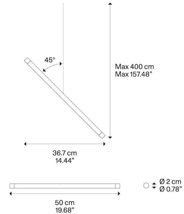Lodes A-tube Nano Duo, černé závěsné svítidlo, 2x1W LED 2700K, 50cm_rozmery