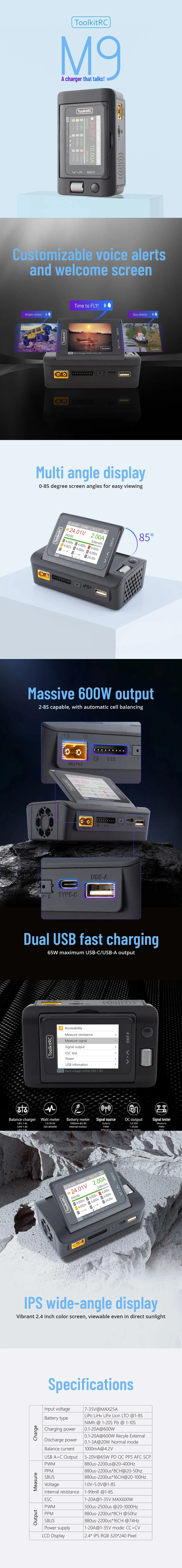ToolkitRC-M9-600W-20A-1-8S-Multi-Function-DC-Smart-Balance-Charger-w-Voice-Alerts-Infographic
