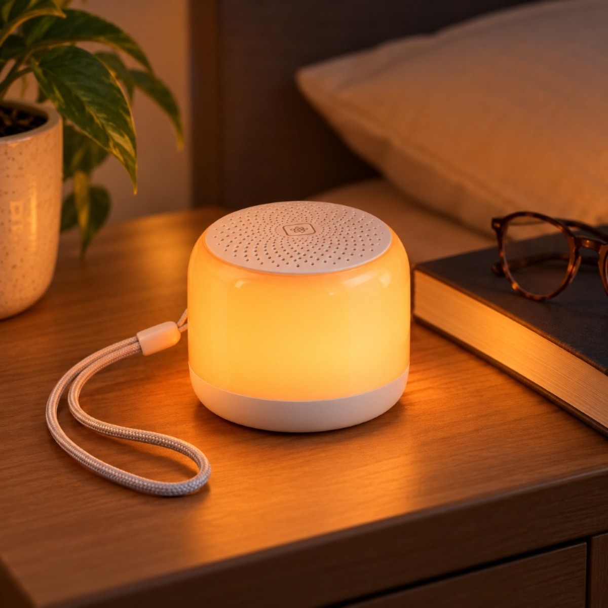 Glocusent N18 Mini s rozsvíceným nočním světlem na nočním stolku