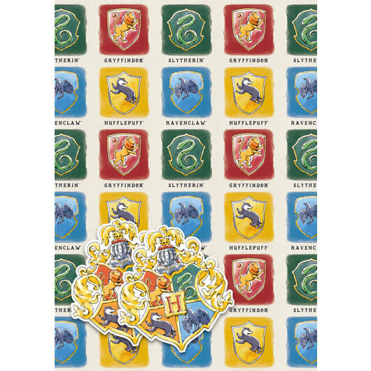 Harry Potter baliaci papier Bradavické koleje Chrabromil Slizolin Bystrohlav Bifľomor 2 archy 70x50 cm kartičky