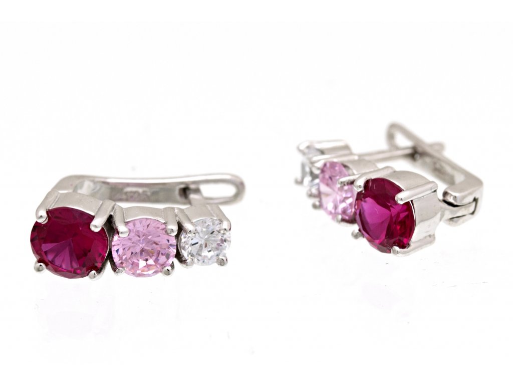 Náušnice stříbrné, rubínový, růžový a čirý kamínek - a-diamond.eu jewels