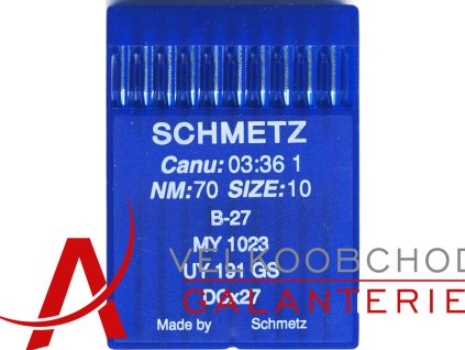 Jehla strojová SCHMETZ - B27, do průmyslovách šicích strojů. Baleno 10 kusů jehel = krabička.