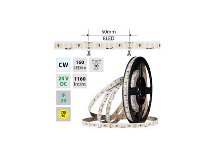 LED pásek SMD2835 CW, 160LED/m, 9W/m, DC 24V, 1160lm/m, CRI90, IP20, 10mm, 5m