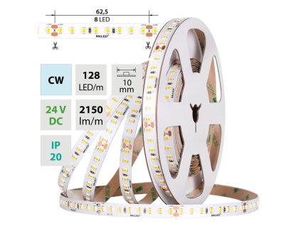 LED pásek SMD2835 CW, 128LED/m, 11,5W/m, DC 24V, 2150lm/m, CRI90, IP20, 10mm, 5m