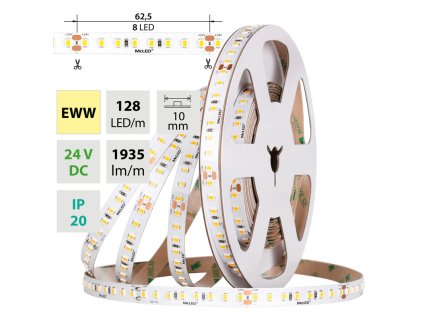 LED pásek SMD2835 EWW, 128LED/m, 11,5W/m, DC 24V, 1935lm/m, CRI90, IP20, 10mm, 5m
