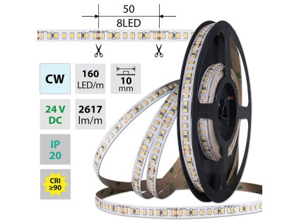LED pásek SMD2835 CW, 160LED/m, 19,2W/m, DC 24V, 2617lm/m, CRI90, IP20, 10mm, 5m