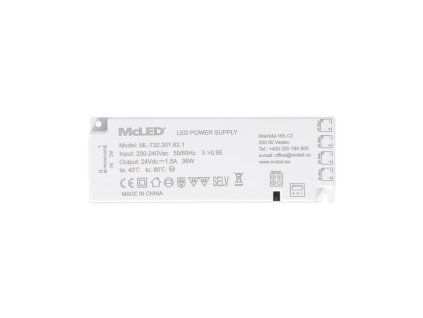 Ultra tenký, Smart LED napájecí zdroj, 36W/24 V/1,5 A s 4 mini konektory 91505-FP max. 3 A/ výstup, 200-240V AC, PF>0,95, bílý, řídící a synchronizační konektor, 144 x 50 x 18 mm