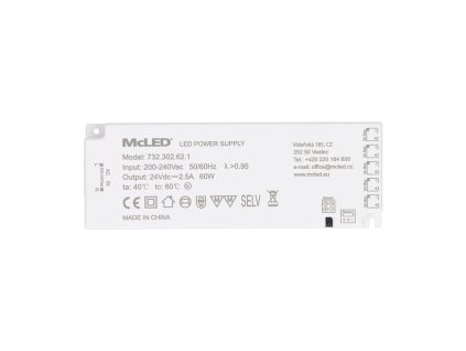 Ultra tenký, Smart LED napájecí zdroj, 60W/24 V/2,5 A s 5 mini konektory 91505-FP max. 3 A/výstup, 200-240V AC, PF>0,95, bílý, řídící a synchronizační konektor, 172 x 61 x 18 mm