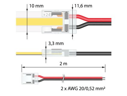 Připojovací konektor jednobarevných LED pásků šíře 10 mm, 2 piny, délka 2 metry, 20AWG, vodiče červená/černá, max. 3,5 A