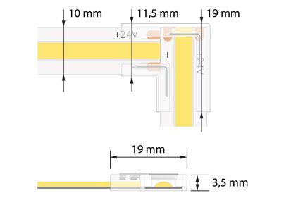 Rohová spojka dvou jednobarevných LED pásků šíře 10 mm, 2 piny, max. 5,5 A