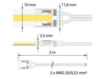 Připojovací konektor jednobarevných LED pásků šíře 10 mm, 2 piny, délka 2 metry, 20AWG, vodiče bílé, max. 3,5 A