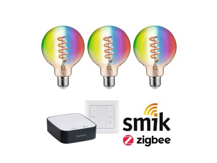 Startovací sada Smart Home Zigbee 3.0 LED žárovka Filament G95 RGBW + Gateway + vypínač - PAULMANN