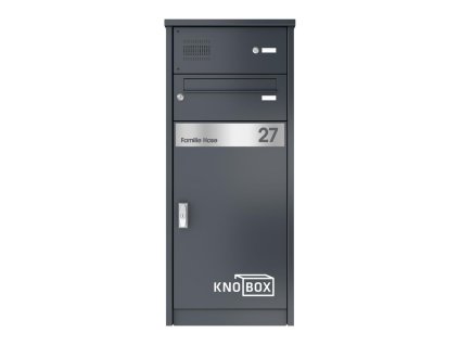 anthrazit paketbox knobox 12 beschriftungsblende freistehend in stelenoptik ein briefkasten klingeltaster und sprechsieb frontansicht 1