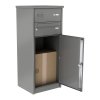 grau paketbox knobox 12 freistehend in stelenoptik ein briefkasten klingeltaster und sprechsieb schraegansicht nach links geoeffnet 1