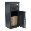 anthrazit paketbox knobox 12 freistehend in stelenoptik ein briefkasten klingeltaster und sprechsieb schraegansicht nach links geoeffnet 2 (1)