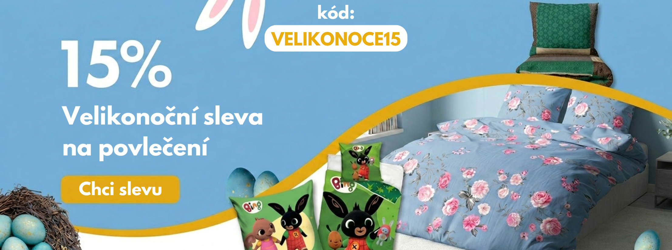 Sleva 15% na povlečení s kódem "Velikonoce15"