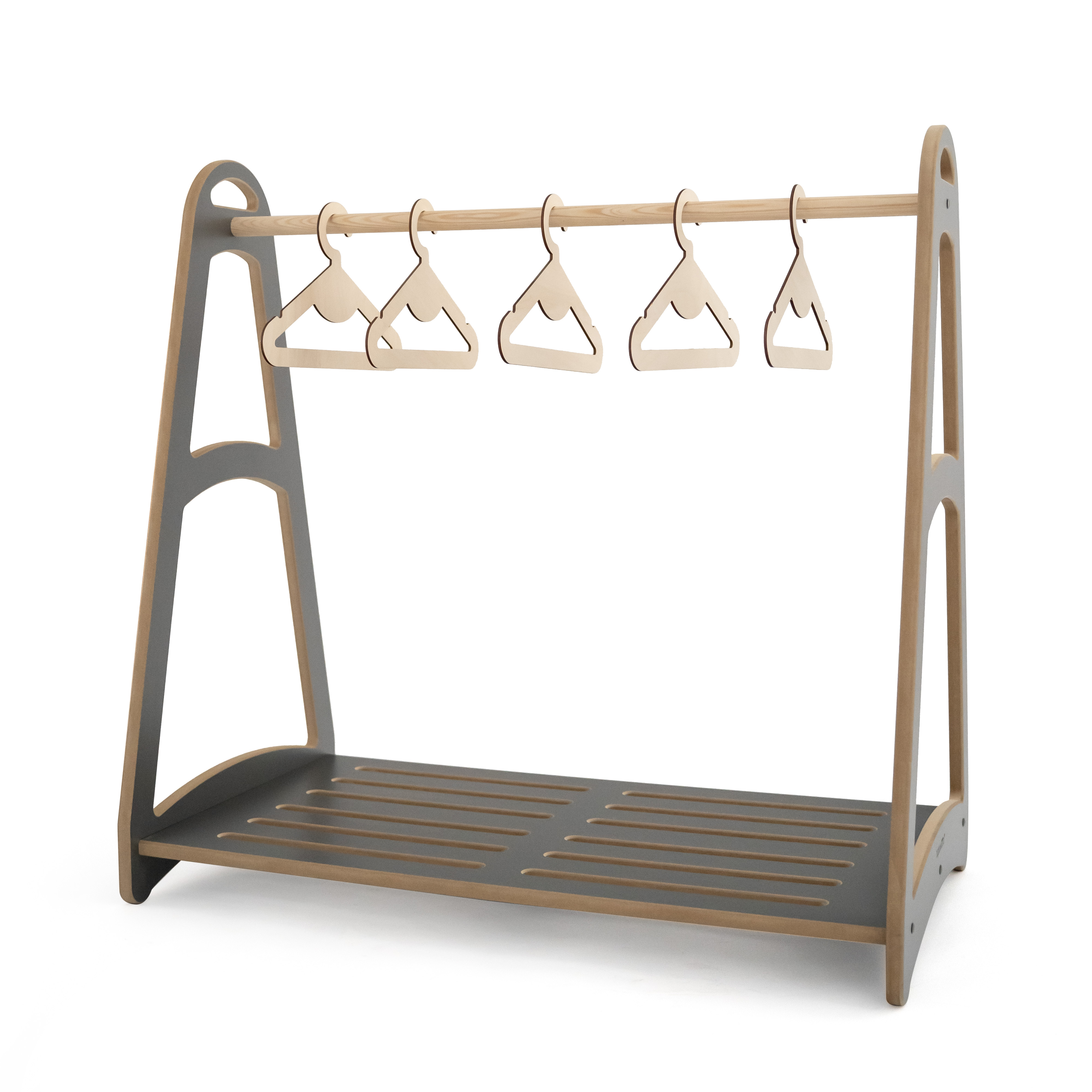 Vešiak/ šatník drevený na detské oblečenie + 5 vešiakov  montessori mini sivá