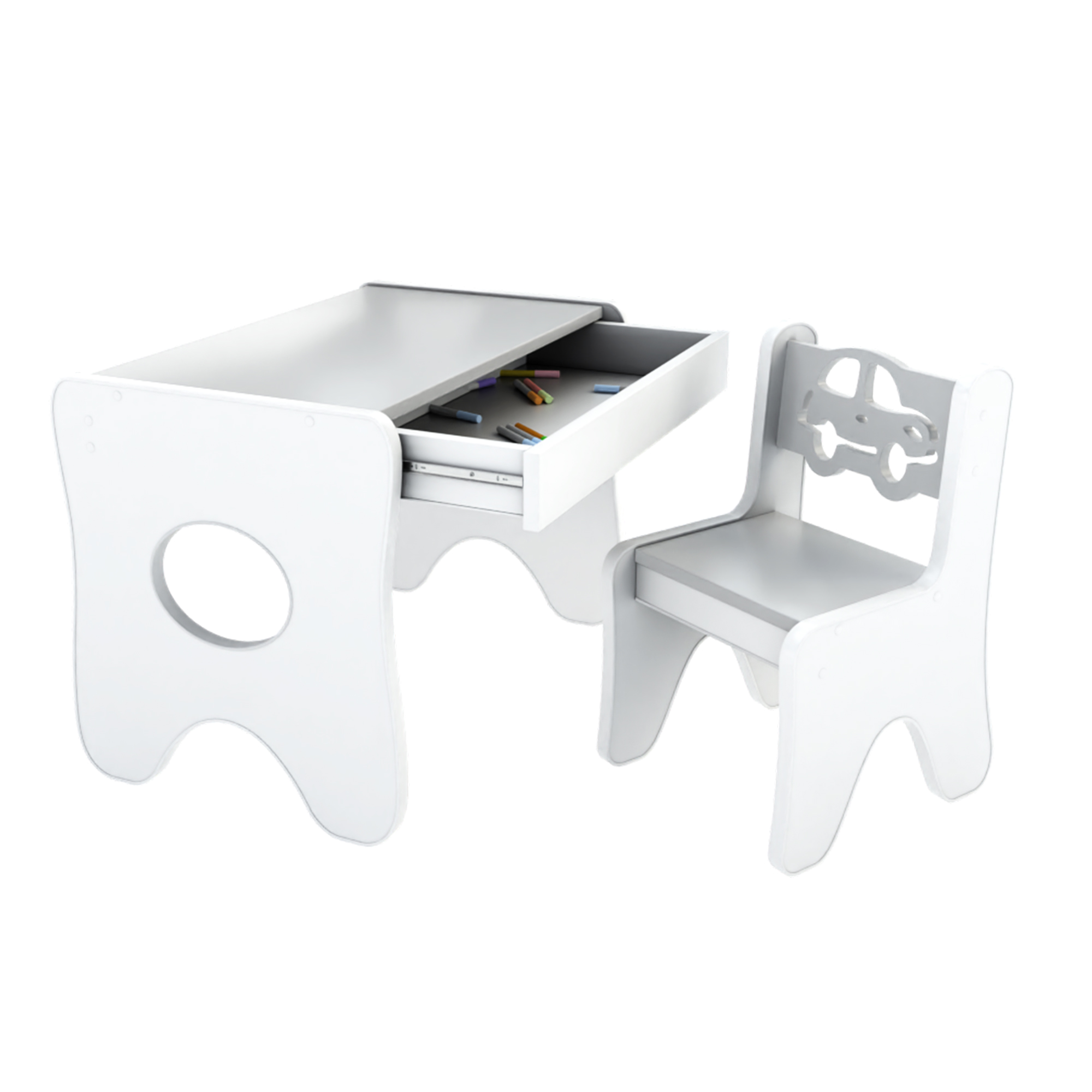 Stolík so stoličkou a priestrannou zásuvkou sivý montessori