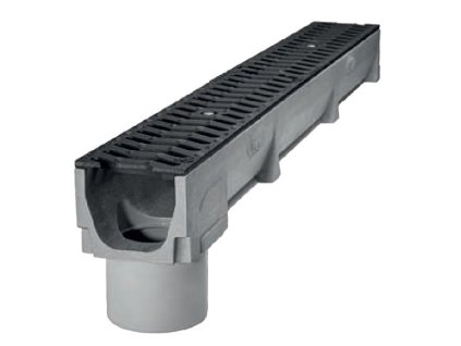 Entwässerungsrinne D100 H100 Ablauf aus Polymerbeton mit Gussrost, L. 1,0 m, befahrbar B125
