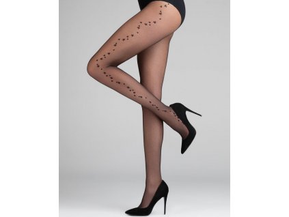 Dámske vzorované pančuchové nohavice Rikki 06, 20 Den,  priehľadné, tenšie, vzorované, vo farbe: nero (čierna), s čiernym vzorom po stranách - jemné hviezdičky, bez zosilneného sedu, bez zosilnenej špičky,