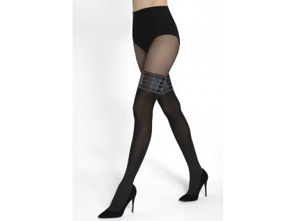 VZOROVANÉ PANČUCHY GIRL-UP 37, 20/60 DEN, nepriehľadné, moderné, Exkluzívne čierno-modré dámske pančuchy so vzorom, Bez zosilnej špičky a bez zosilneného sedu, zloženie: 87% polyamid, 8% elastan 5% polypropylen, imitujúce nadkolienky, na stehne ukončené modro-čiernym kockovaným pásom,