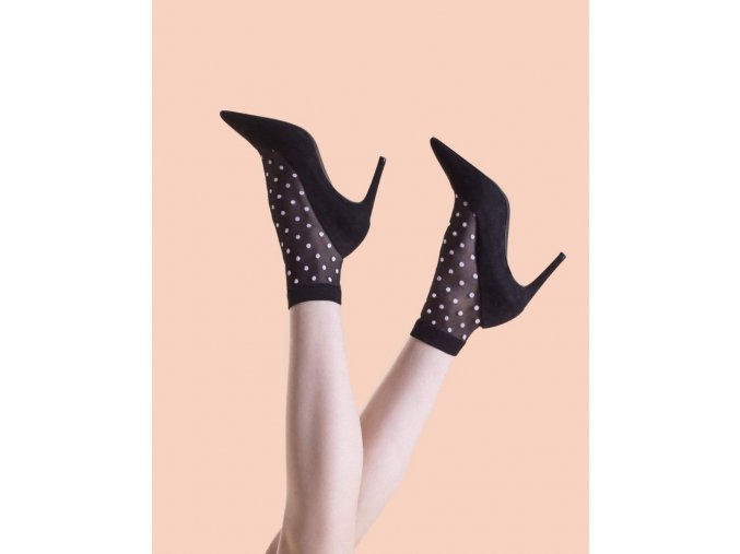 Čierne bodkované ponožky Bubble Gum 20 DEN, Čierne priehľadné ponožky so vzorom - bodky. Zosilnená čierna špička a vzor v bielej farbe., univerzálna veľkosť one size,, vzorované, tenšie, priehľadné,