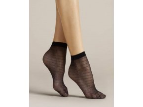 Dámske pruhované ponožky Anello 20 DEN, Dámske beztlakové ponožky vzorované. Ponožky sú priehľadné, majú pruhovaný vzor. Pruhy sú čierne so zatkanou striebornou metalickou niťou. Bez zosilnenej špičky a bez zosilnenej päty., priehľadné, tenké, vzorované, univerzálna veľkosť one size