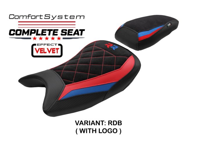 Kompletní sedlo BMW S 1000 RR 19-25 Varel Velvet Comfort (potah sedla s logem RDB (red-blue))