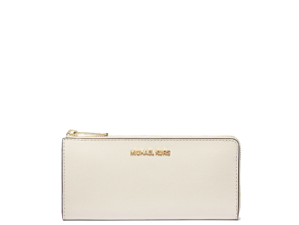 Michael Kors Jet Set Travel Large Saffiano Leather Quarter Zip Wallet Light Creami