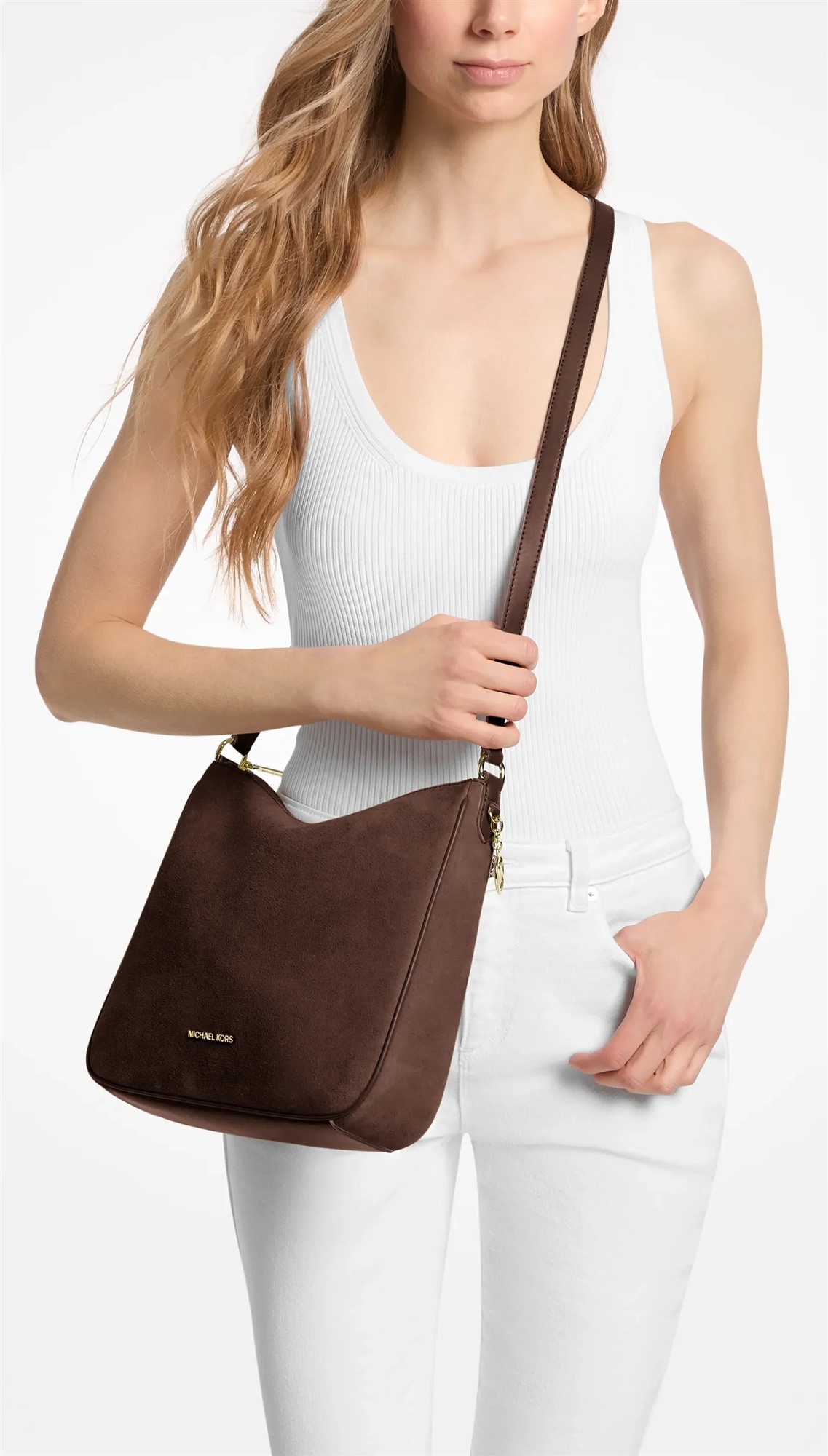 Michael Kors Nayla Medium kožená dámská messenger kabelka nutmeg zlatá na rameni