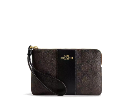 Coach Peněženka Coach Corner Zip Wristlet In Signature Canvas Gold Walnut Black 233