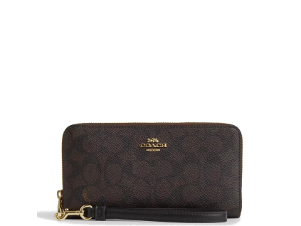 Coach Long Zip Around Wallet In Signature Canvas Gold Wallnut Brown