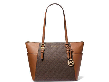 Michael Kors Charlotte Large Logo and Leather Top Zip Tote Bag Brown