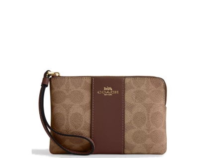 Coach Peněženka Coach Corner Zip Wristlet In Signature Canvas Gold Tan Brown223.