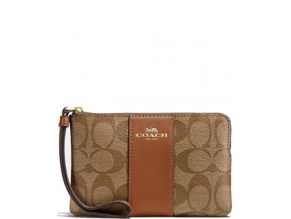 Coach Corner Zip Wristlet In Signature Canvas Khaki Saddle Light Gold