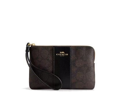 Coach Peněženka Coach Corner Zip Wristlet In Signature Canvas Gold Walnut Black 233