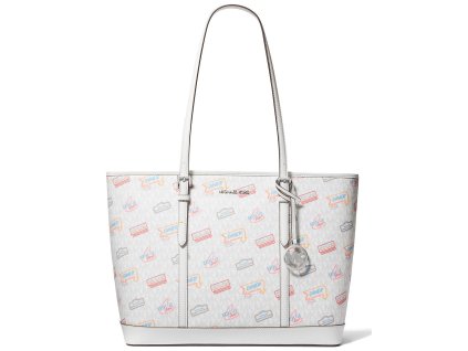 Michael Kors Jet Set Large Printed Signature Logo Tote Bag Optic White