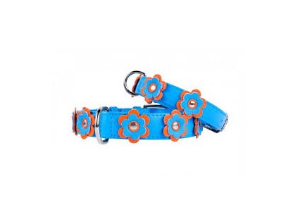 COLLAR Kožený obojok Glamour modrý s kvietkami M, 38 49 cm, modrá