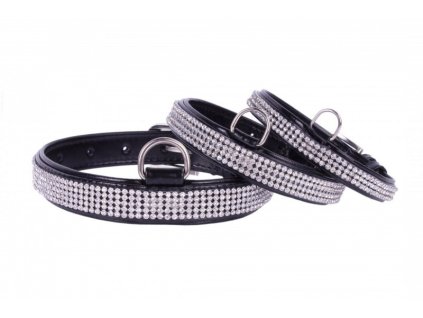COLLAR Lesklý kožený obojok s kryštálmi, 30-39cm, čierna