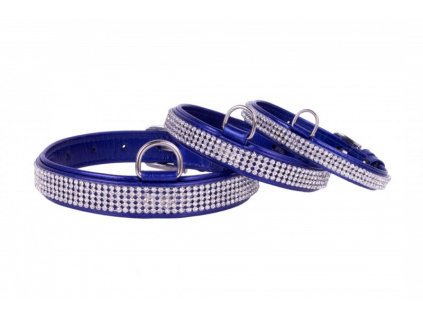 COLLAR Lesklý kožený obojok s kryštálmi, 27-36cm/15mm, modrá