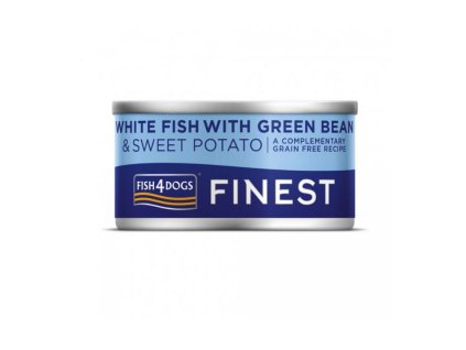 FISH4DOGS Konzerva pre psov Finest s bielou rybou, sladkými zemiakmi a zelenými fazuľkami 85g