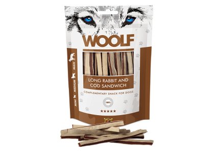 WOOLF pochúťka pre psov soft Rabbit & Cod sandwich Long 100 g