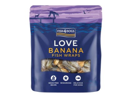 FISH4DOGS Maškrty pre psovv LOVE rybie závitky s banánom 100 g