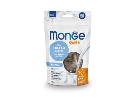 MONGE GIFT Kitten 60g chrumkavé a plnené pochúťky mačiatka pstruh s mliekom