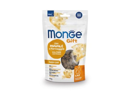 MONGE GIFT Fussy cat 60g chrumkavé a plnené pochúťky pre mačky s bravčovým mäsom a so syrom