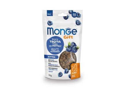 MONGE GIFT Meat Minis Kitten 50g mäsové pochúťky pre mačiatka pstruh s čučoriedkami